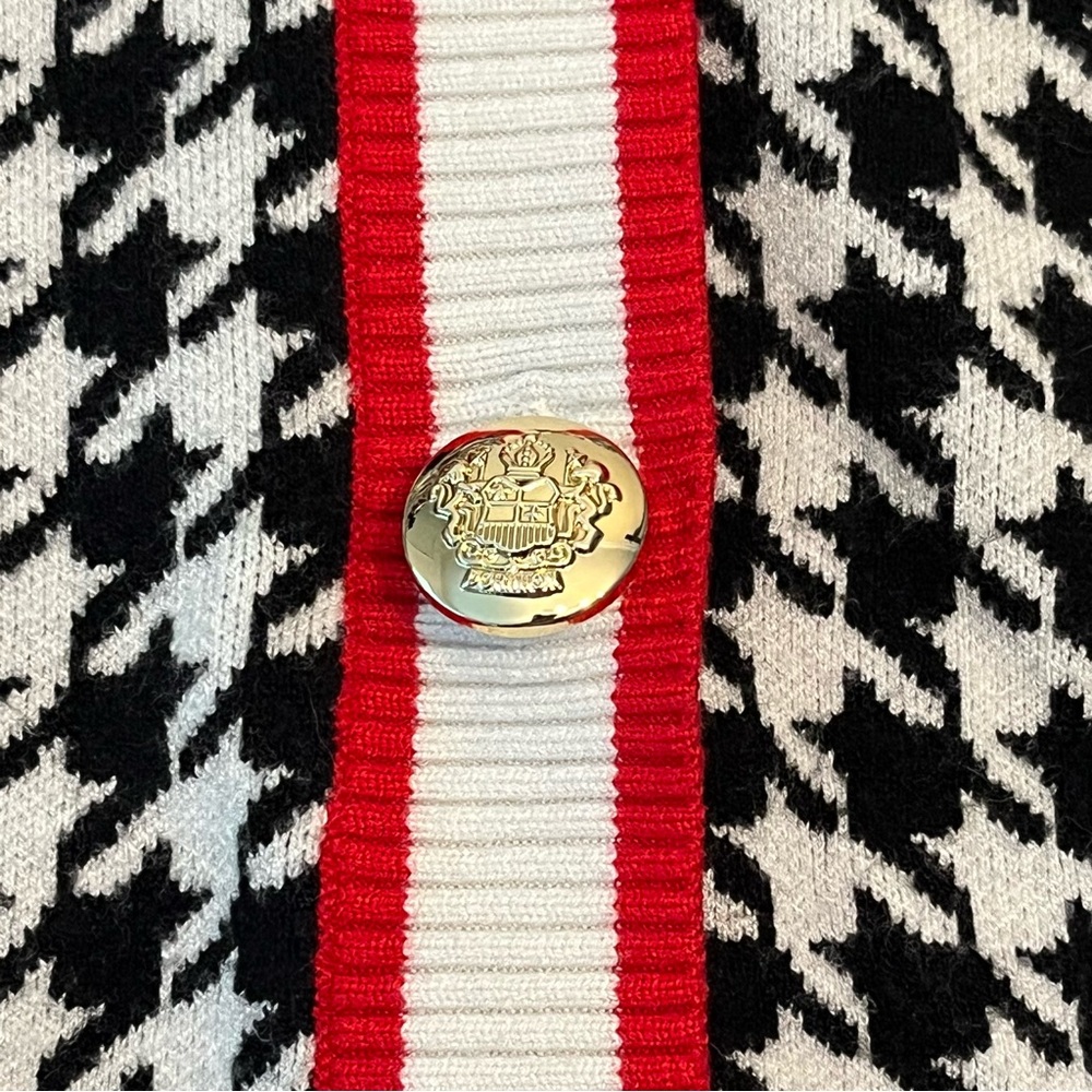 VENUS Houndstooth Black & White Red Trim Oversized Sweater Retro Cardigan size M - Picture 3 of 7